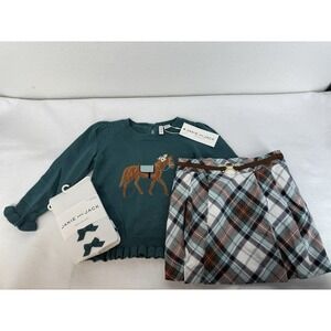 NWT Janie & Jack Girl Green Cotton Horse Sweater Plaid Skirt Set Size 18-24M